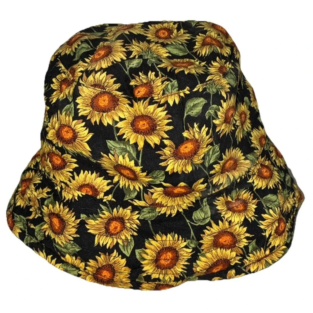Dorfman Pacific Bucket Hat L/XL Black Yellow Sunflowers Sun Hippie Boho Vintage‎